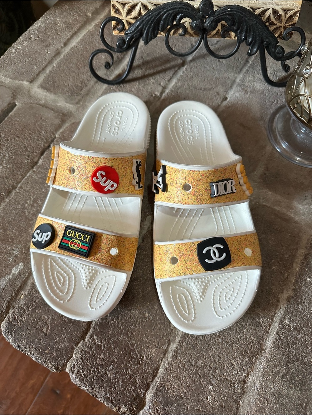 CROCS women’s/mens  White Slides with Yellow Glitter Straps and Designer Charms